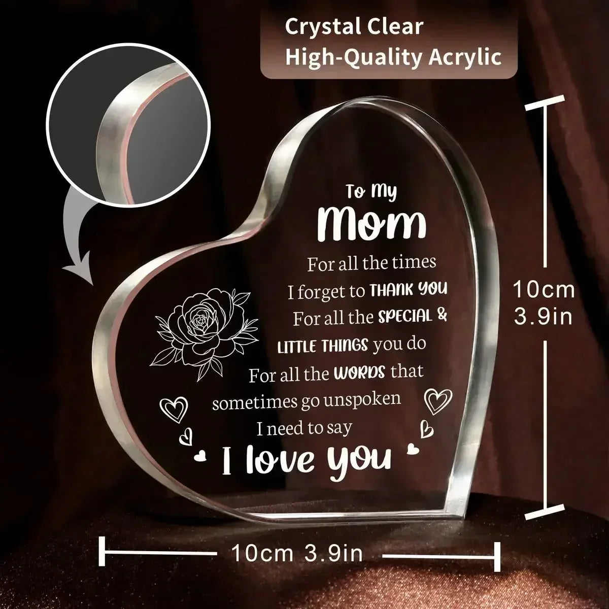 "I Love You Mom"Acrylic Heart-Shaped Plaque, Appreciation for Mom